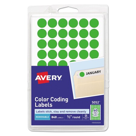 Avery Dennison Label, 0.5"dia., Round, Neon, Green, PK840 05052